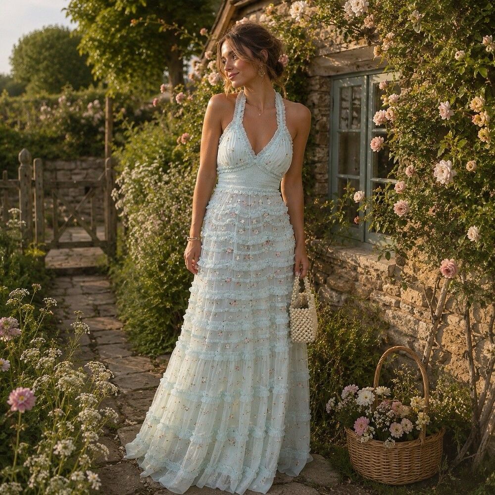 Mac Duggal Light Blue Cottagecore Gown Size 4 Floral Embroidered Maxi Dress